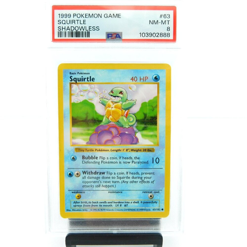 1999 SQUIRTLE Shadowless #63 PSA 8 Pokemon Game Card